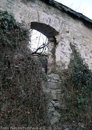 eine alte leere Fensteröffnung in der Klostermauer