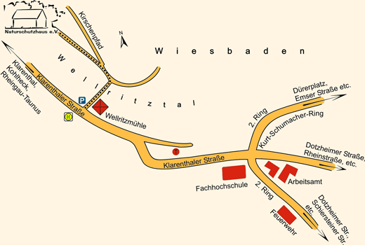 Klarenthaler Straße zwischen 2. Ring und Klarenthal, an der Wellritzmühle in Wirtschaftsweg, denn links Richtung Kirschenpfad, links halten und geradeaus.